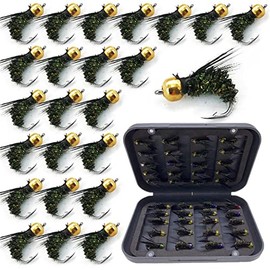 Qievcrme 24Pcs Fly Fishing Flies Trout Lures Fishing Tackle Fly Fishing Flies with Boxed Trout Bass Artificial Fish Bait (24Pcs-Brasshead Fly Black)