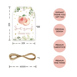 50pcs Peach Thank You Tags, Peach Gift Tag with String for Baby Shower Party, Thank You Paper Tags for Sweet as Peach Birthday/Engagement/Baby Girl Sweet One Party Favors