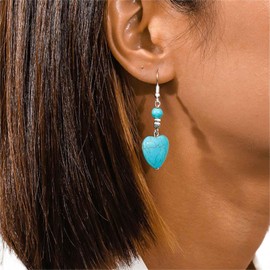 Yienate Boho Turquoise Beads Heart Drop Dangle Earrings Silver Vintage Ethnic Turquoise Stone Hook Earrings Statement Bead Love Heart Dangle Earrings Jewelry for Women and Girls
