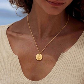 Dremmy Studios Birth Month Flower Pendant Necklace 18K Gold Plated Dainty Simple Month Birth Floral Disc Pendant Engrave Coin Necklace Minimalist Jewelry