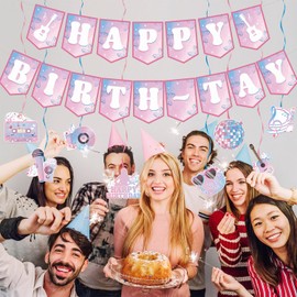 Popular Birthday Decorations, NO-DIY Happy Birth-Tay Banner Swirls, Happy Birthday Era's Party Decorations, Guitar Themed Party Supplies for Girls Night, Happy Birth-Tay Decorations for Birthday Party