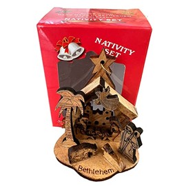Olive Wood Bethlehem Small Nativity Set Christmas Tree 3"x 2.5" in Gift Box