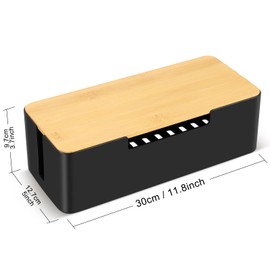 BEZORR Cable tidy box, cable management box, Cable organisers with Bamboo Lid for Hiding Messy Cables Wire Management,Cable Organizer Box for Desk, Cord Storage Management with Lid- Black