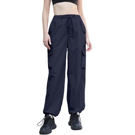 Cromoncent Girls High Waist Parachute Pants Y2K Cargo Trousers with Pockets, Navy, 13-14 Years = Tag 170
