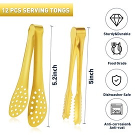JCREN 12 Pack Mini Tongs Serving Tongs Salad tongs Small Tongs for Serving Food, Stainless Steel Food-Grade Serving Utensils for Appetizers, Tea Party, Coffee, Desserts, 5 inch - Gold
