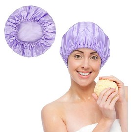 Large Shower Caps for Women, Waterproof Shower Cap Double Layers Bath Caps Reusable Hair Cap Washable Elastic Shower Bonnet Bath Hair Hat for Long Hair Braids (Purple, One Size)