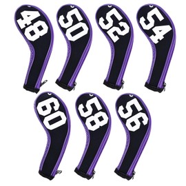 Andux 7Pack Golf Wedge Irons Club Head Covers Degree NO. on Both Sides Long Neck with Zipper Black/Purple