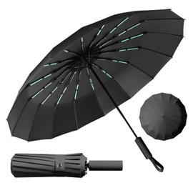 LENDOO Compact Foldable 16 Ribs Storm Proof Umbrella Large Pocket Umbrella with Automatic Open/Close Windproof Anti-UV Parasol Black, black