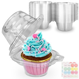 CoKeeSun Pack of 30 Cupcake Transport Boxes, Transparent Cupcake Box, Reusable Muffin Transport Box with Stickers, Clear Cupcake Box for Muffins, Salad, Cheese, Cakes
