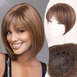 Full Volume Hair Topper for Women with Bangs Synthetic Bob Wig Natural Straight Hairpiece 360 Top Coverage for Thinning Haircolor: 12CH22#, stretched length: 10inches, toupee size: 6x6