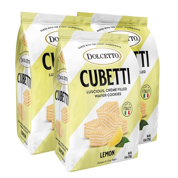 Dolcetto Cubetti Wafer Cookies, Creamy Lemon Flavor Sweets, Crispy Gourmet Treats made in Italy, NO Preservatives, 8.8oz Bag, Great snacks for sharing and gift baskets (Pack of 3)