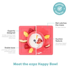 ezpz Happy Bowl - 24 Months + (Coral) - 100% Silicone Suction Bowl with Built-in Placemat – Dishwasher Safe