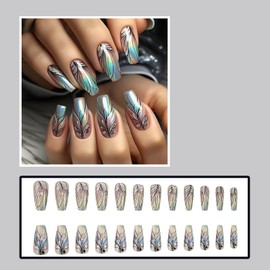 Medium Press on Nails Ballerina Shaped Fake Nails Colorful Laser Gradient Acrylic False Nails with Peacock Feather Designs Cute Glue on Nails Full Cover Stick on Nails for Women Girls 24Pcs