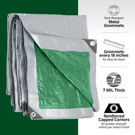 10x12 Heavy Duty Waterproof Tarp, 7 Mil Thick, High Durability, Tear & Fade Resistant, UV Treated, Grommets Every 18 Inches (10x12)