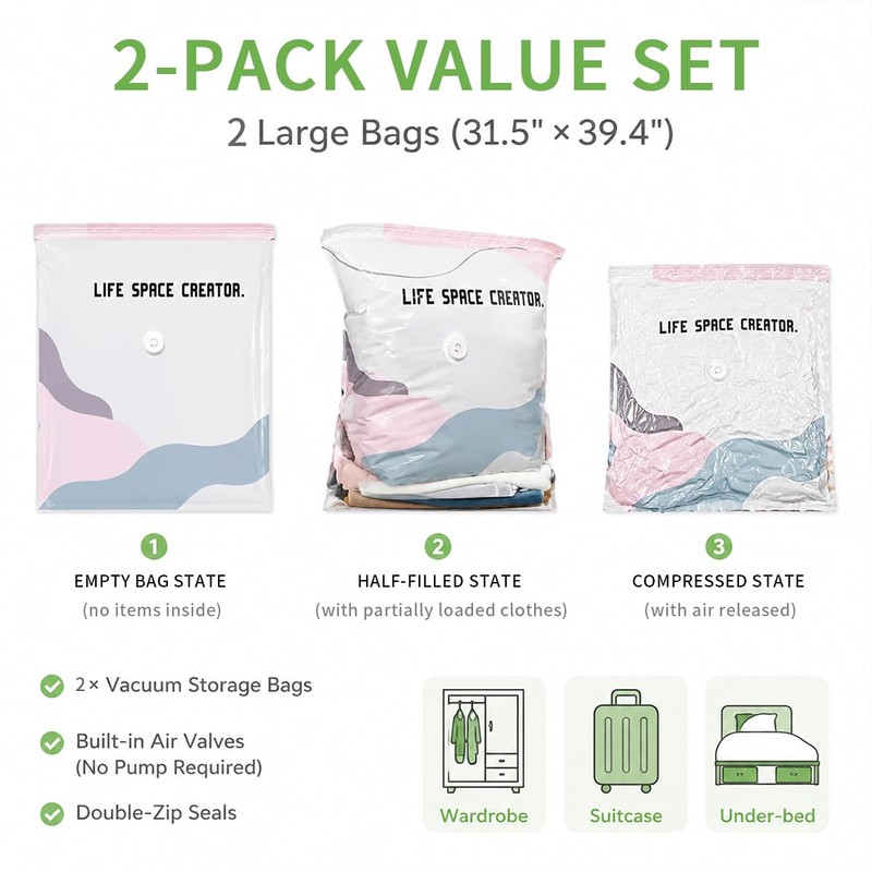 2-Pack (L) Better Life Space Bags – No-Pump Vacuum Storage