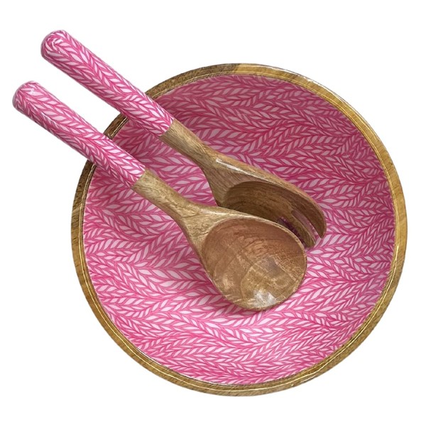The Fern Trail Wood Serving Bowl | Salad Bowl with Tongs | Wooden Decorative Bowl | Wood Fruit Bowl for Kitchen Counter | Mango Wood Bowl (Pink)