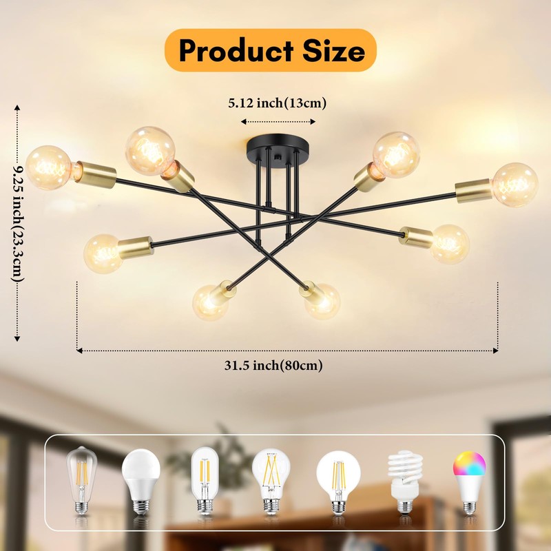 Modern Sputnik Chandelier 8-Light Industrial Ceiling Lights Fixture 32" Black