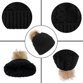 CheChury Women Warm Scarf Glove Beanie Hat Set,Snood Scarf and Touchscreen Gloves Set with Twist Thick Beanie Cap for Unisex Outdoor Sports Cable Knit Scarf 3 in 1,Black,One size