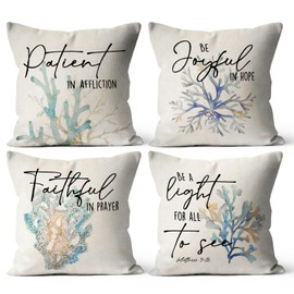 Palasarkaaa 4 Pcs Christian Encourage Religious Throw Pillow Covers for Hallway Bedroom Living Room, Coastal Coral Beach Summer Themed Decorative for Outdoor Sofa Cushion Cover 18x18Inch