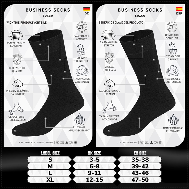 SOXCO Mens Cotton Crew Length Socks 12 Pairs, Black (3P),