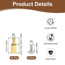 PATIKIL 24 Set M3 Hex Spacer Brass M3x7mm+6mm Bolt Male to Female Motherboard Spacer Standoffs Pillars Gold with Screw