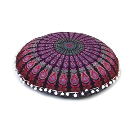 Round Mandala Floor Pillow Cover Seating Cushion Throw Cover Hippie Decorative Bohemian Ottoman Pouf Cover, Pom Pom Pillow Cases,Boho Indian 22 Inches (Pink and White)