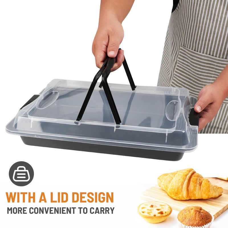 Spmarkt Ceramic-Coated Non-Stick Baking Pan with Carry Lid, 15inchx10inch Rectangular