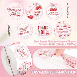 JarThenaAMCS 500Pcs Pink Bow Cherry Thank You Sticker Coquette Bowknot Cherry Adhesive Sealing Label Decal for Birthday Baby Shower Party Favor Supplies, 6 Designs
