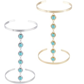 CABODYALS 2Pcs Silver Gold Cuff Bracelet Upper Arm Turquoise Layered Cuff Bangle Bracelets Boho Open Coil Summer Shining Adjustable Metal Arm Jewellery for Women Party Beaches Clubs Dress Decor