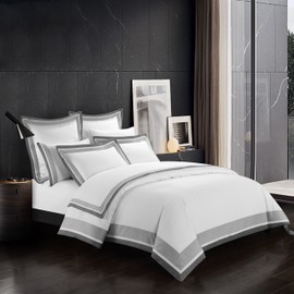 Casabolaj Shading 3 Pieces Do Not Include Filling Duvet Cover Set 100% Egyptian Cotton Sateen Luxury 400 TC Frame Patchwork Button Closure and Corner Ties-White/Taupe/Grey (Full)