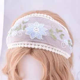 Wide Floral Embroidery Headband for Women Girls Boho Flower Headband for Party Prom White Lace Hairband Blue Flower Hair Accessories Wide Headbands for Women's Hair