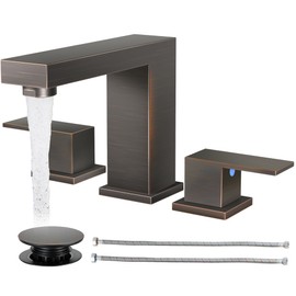 Cobbe Bathroom Faucets for Sink 3 Hole, Oil Rubbed Bronze Bathroom Sink Faucet Square 8 inch Widespread with Pop-Up Drain, 2 Handle and Supply Hoses, Lead-Free Stainless Steel for Vanity Rv, Farmhouse