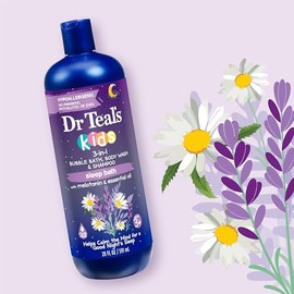 Dr Teal's Baño de sueño 3 en 1 para niños: baño de burbujas, gel de baño corporal y champú con melatonina y aceite esencial, 20 onzas líquidas (paquet