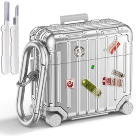 V.R.HOPE Case Cover Compatible with AirPods 4, Cute Suitcase Design Cover for Airpods 4th Generation 2024 with Cleaning Pen & Carabiner, Fashion Funny Protective Hard Case- Silver