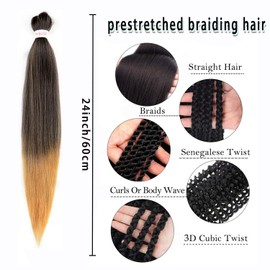 AIBEISI Prestretched Braiding Hair - 24 Inch 8 Packs Natural Black To Blonde Braiding Hair Prestretched For Twist or Box Braids, Yaki Texture Hot For Women For Hot Water Setting (24 Inch, 1B/27-8P)