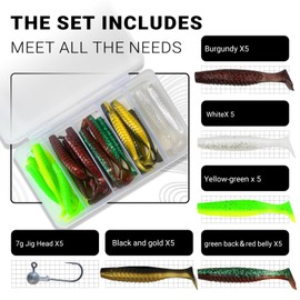 30Pcs Paddle Tail Swimbaits Soft Lures Kit with 5 Lead Jig Heads | Boxed Fishing Set for Bass, Trout, Walleye, Crappie | 2.6in Saltwater/Freshwater Ready | Durable High-Visibility Swimbaits