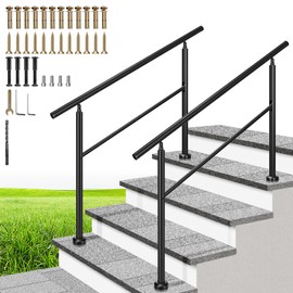VIVOHOME 2-Pack Hand Rails for Outdoor Steps, Wrought Iron Railing, Black Round Exterior Hand Railing for Porch, Deck, or Indoor Stairs, 4 Step Railing Kit