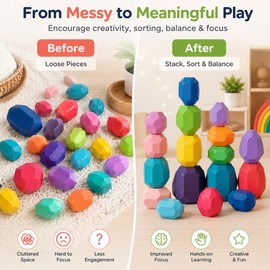 Montessori-Inspired Wooden Stacking Stones for Kids – Natural Wood Balance Blocks for Sorting, Stacking and Creative Play