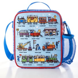 Tyrrell Katz Kids Insulated Trains Printed Lunch Bag in Blue - Children's Zip Meal Tote with Adjustable Strap and Bottle Holder - 21.5 x 24.5 x 6 cm