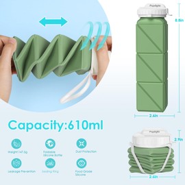 Popdigito Collapsible Water Bottles 20.7oz Leakproof with Straw Lid Food-Grade BPA-Free Silicone Travel Foldable Water Bottles for Sports Office Gym Hiking Driving 610ML (Type2 Army Green)