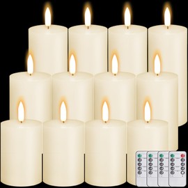 12 Pcs Ivory Flameless Candles Flat Top LED Candles with Remote Timer, Pillar Flameless Candle Bulk Flickering Battery Operated Candle for Wedding Festival Outdoor Home Decor D 3'' H 4'' 5'' 6''