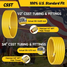 Flexible Natural Gas Line Hose | Corrugated Stainless Steel Tubing | 2PCS Brass NPT Male Quick-Connect Adapters | CSST Underground & Propane Conversion Kit for Outdoor Grills (37Ft 1/2'')