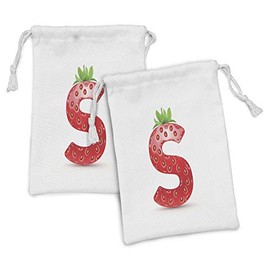 Ambesonne Letter S Fabric Pouch Set of 2, Capital Letter S with Strawberry and Green Leaves on Plain Background, Small Drawstring Bag for Toiletries Masks and Favors, 9" x 6", Vermilion Orange Green