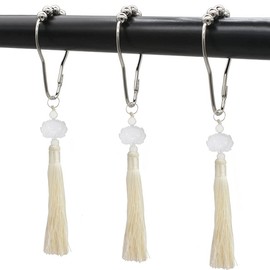 brandname Tassel Shower Curtain Hooks for Bathroom Decorative Rod Curtain, Set of 12 Stainless Steel Rust Proof Rings with Lotus Tassels Modern Farmhouse Boho Themed Decor(Off-White)