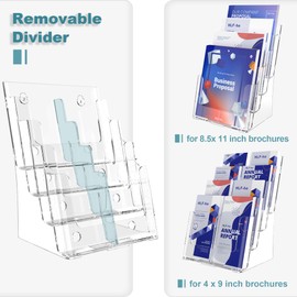 HLF-ho Brochure Holder 8.5x11 Inch 4 Tier with Removable Divider for 4x9 inch Clear Acrylic Pamphlet Display Stand Holder Countertop Use or Wall Mount for Office, Lobby, Hotel, Trade Show, 2 Pack