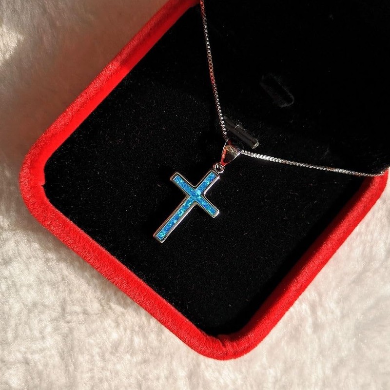 PELEIFA Blue Opal Cross Crucifix Necklace,Opal 925 Stering Silver Saint