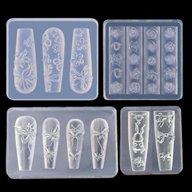3D Flowers Nail Mold 4 Pcs Silicone Flower Nail Tools Resin Nail Charms Mould Gel Nail Art Sculpture Floral Rose Butterfly Bow Carving Template Molds for Resin Manicure Accessories DIY Nail Supplies