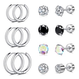 AVYRING 7 Pairs of Hoop Earrings Studs for Women Girls Hypoallergenic Surgical Stainless Steel Flat Back Cartilage Helix Earrings Set with 3 mm Coloured CZ Huggie Hoop Earrings 10 mm 12 mm 14 mm,