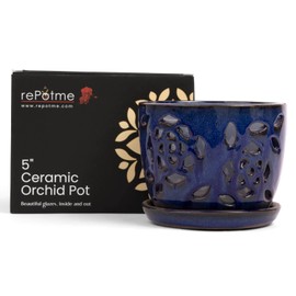 rePotme Orchid Pot - 5 inch Floral Cutout Ceramic Orchid Pot with Holes (Midnight Blue) - Includes Matching 5 inch Slotted Pot Liner