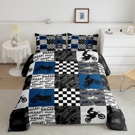 Castle Fairy,Dirt Bike Comforter Set Twin Size Black Grey Blue Motocross Rider Bedding Set Kids Boys Teens Men Racing Themed Patchwork Grid Quilt Set Fashion Motorcycle Silhouette Duvet Insert 2pcs